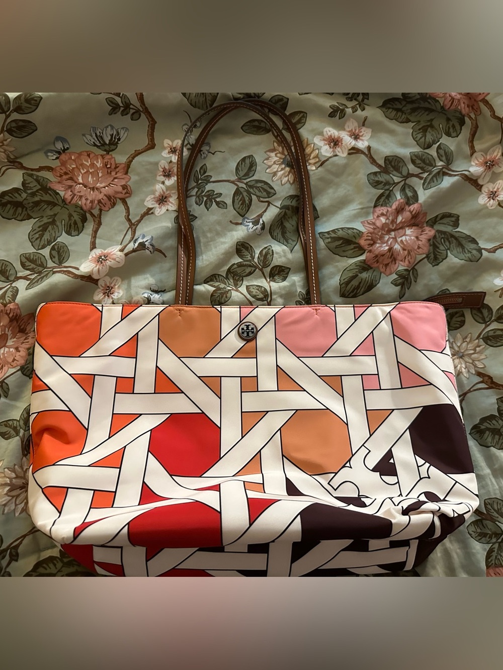 NWT Tory Burch Pink/Red Nylon Basket Weave Tote Bag